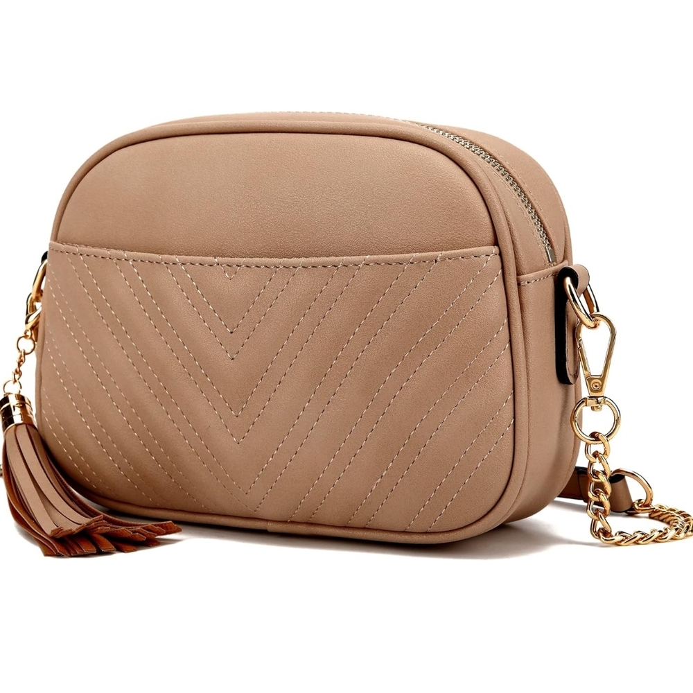 Elegant Tan Quilted Crossbody Bag